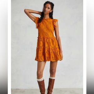 Anthropologie Blue Tassel gold tiered lace dress